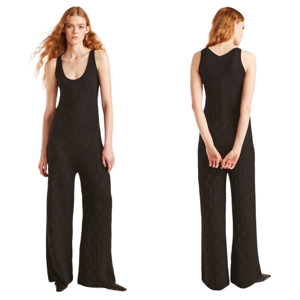 REBECCA TAYLOR Women M Doily Jumpsuit Black Swiss Dot Wool Knit Vintage Vibe NEW